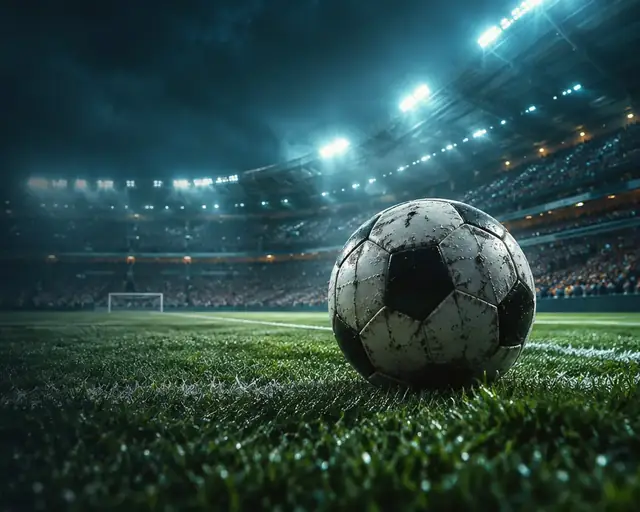 Ballon de football posé sur la pelouse d'un stade éclairé, un soir de match